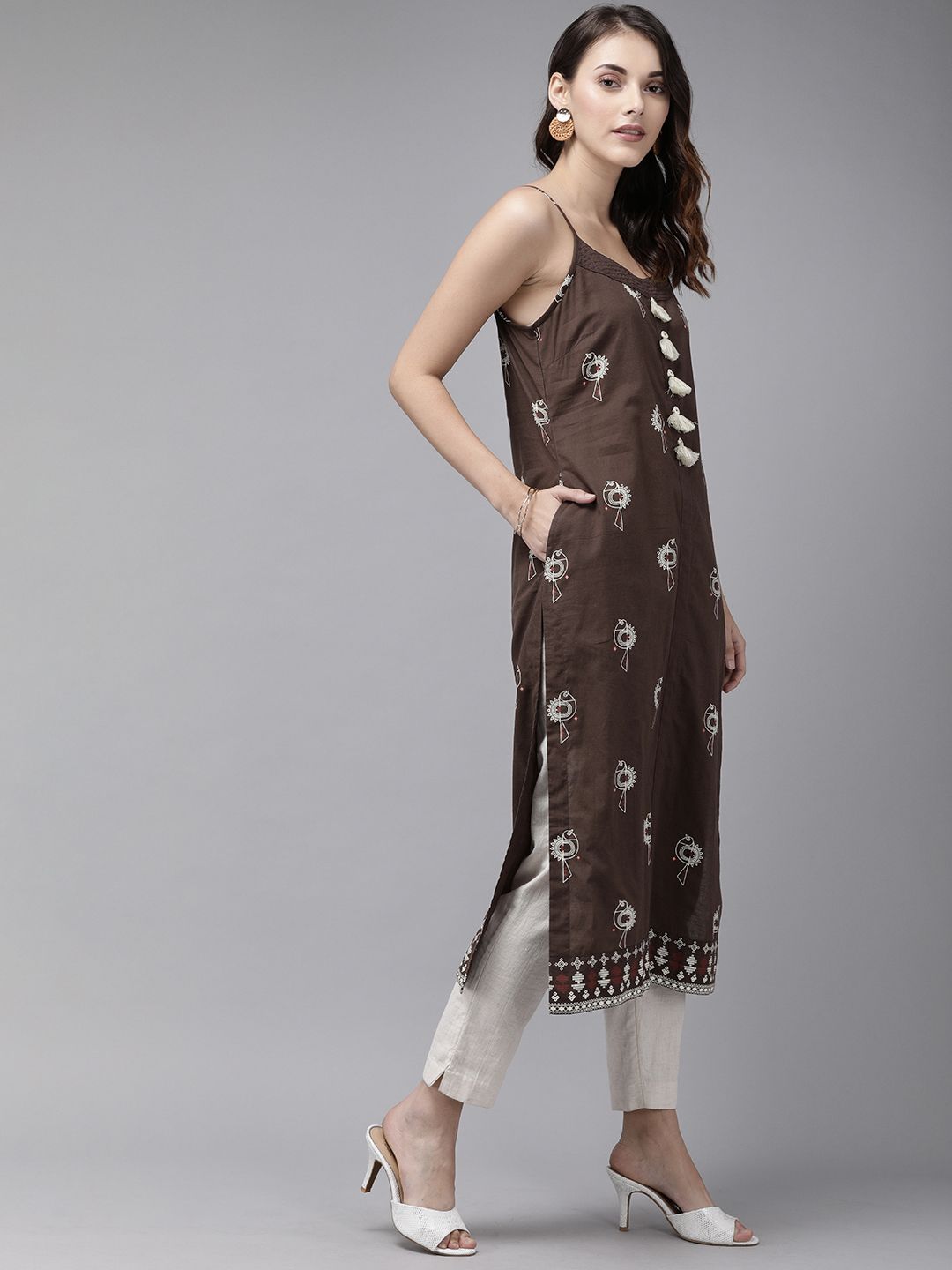 Anouk Women Coffee Brown & Beige Ethnic Motifs Print Straight Kurta with Tasselled Detail