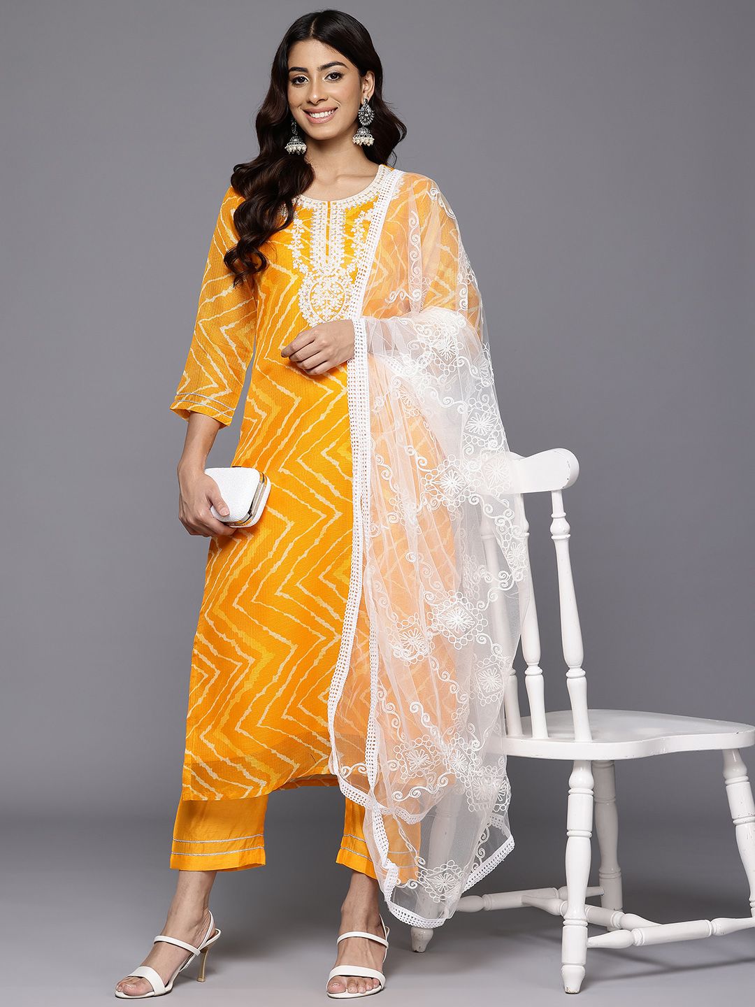 Varanga Printed Thread Work Sequinned Kurta With Trousers & Dupatta