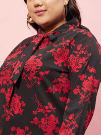 Berrylush Curve Plus Size Black Floral Printed Tie-Up Neck Top