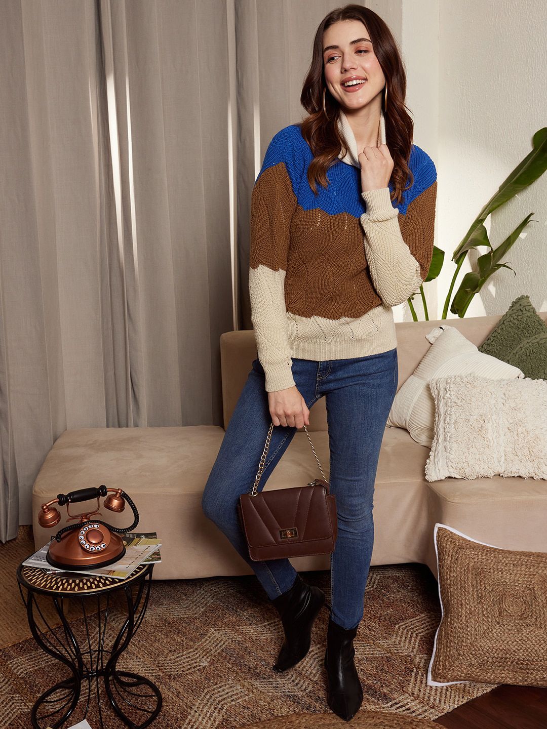 Berrylush Colourblocked Turtle Neck Acrylic Pullover Sweater