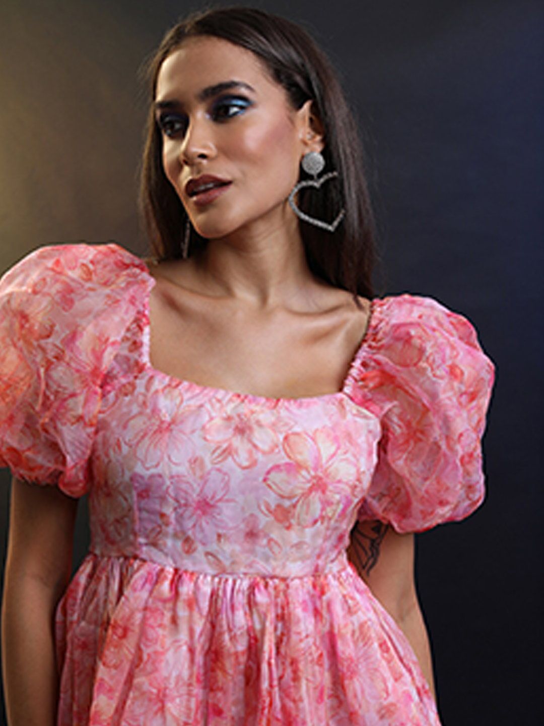 Tokyo Talkies Floral Printed Puff Sleeves Gathered Detail Fit & Flare Dress