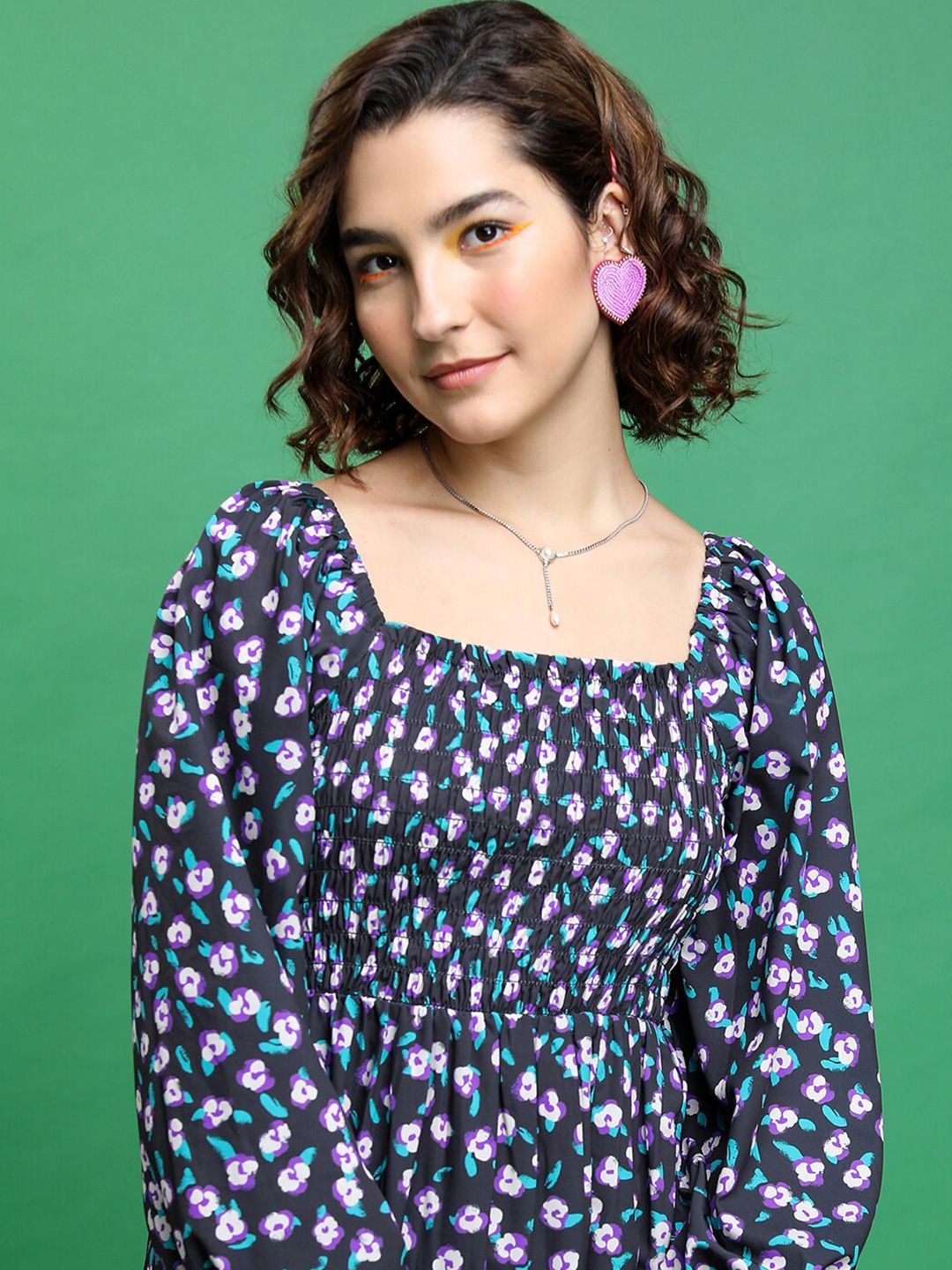 Tokyo Talkies Black Floral Print Puff Sleeve Fit & Flare Dress