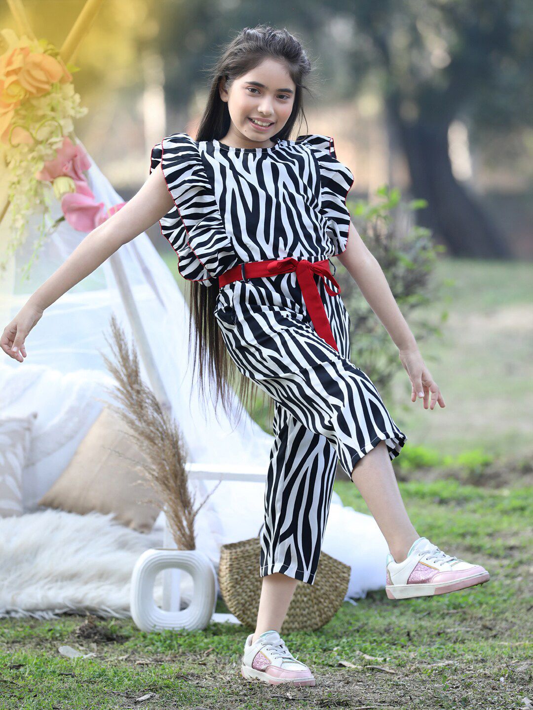 Cutiekins Girls Printed Capri Jumpsuit With Ruffles