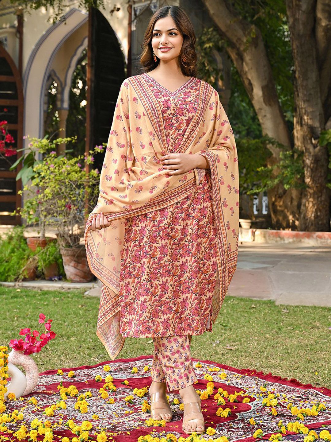KALINI Women Floral Printed Regular Kurta with Trousers & With Dupatta
