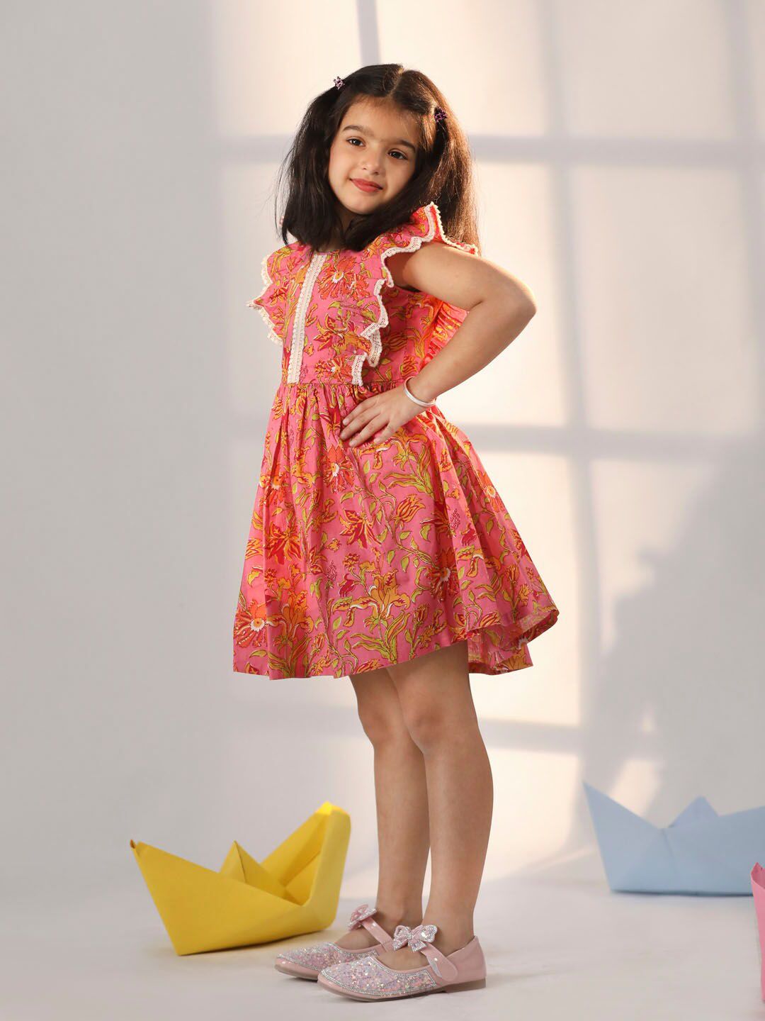 VASTRAMAY Girls Floral Printed Sleeveless Ruffles Detail Cotton Fit and Flare Dress
