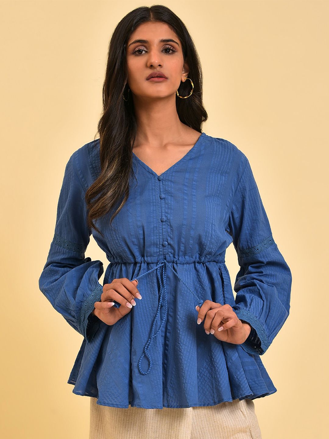 W Blue Self Design Pure Cotton Cinched Waist Top