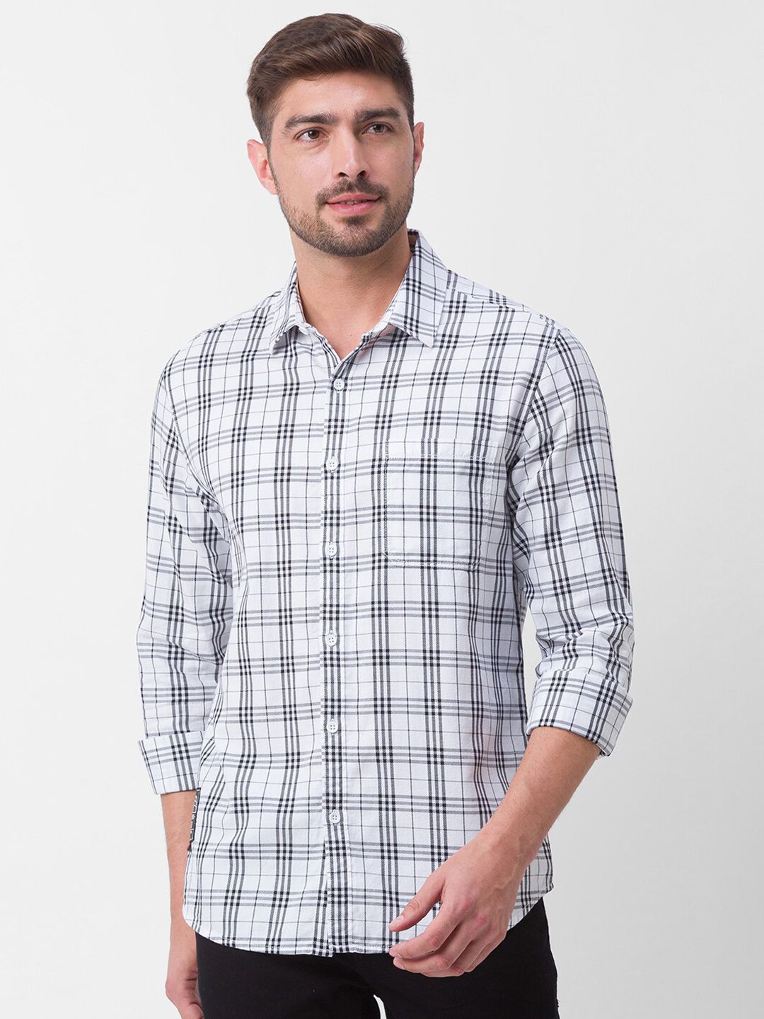 SPYKAR Men White Slim Fit Tartan Checks Checked Casual Shirt