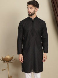 Anouk Motif Etnik Hitam Bersulam Kolar Mandarin Kurta Lurus Kapas Tulen