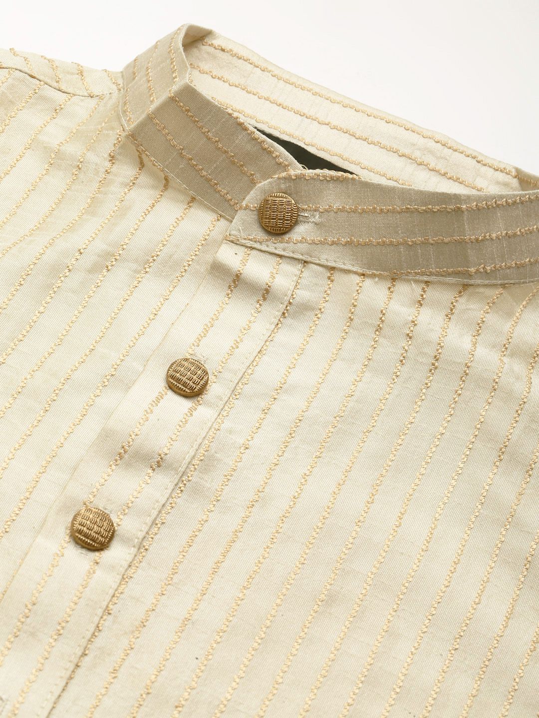 SOJANYA Men Beige Striped Kurta with Pyjamas & Nehru Jacket