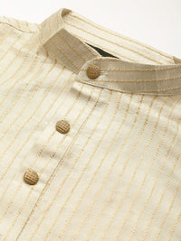 SOJANYA Men Beige Striped Kurta with Pyjamas & Nehru Jacket