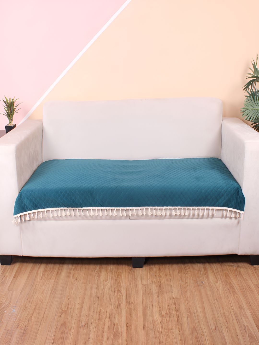STITCHNEST Teal Green & Beige Self Design 2 Seater Sofa Cover