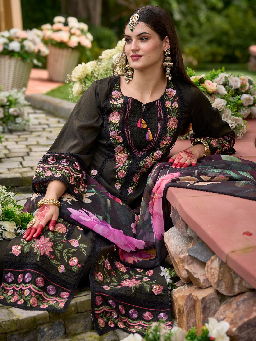 Indo Era Women Floral Embroidered Panelled Thread Work Kurta with Trousers & With Dupatta
