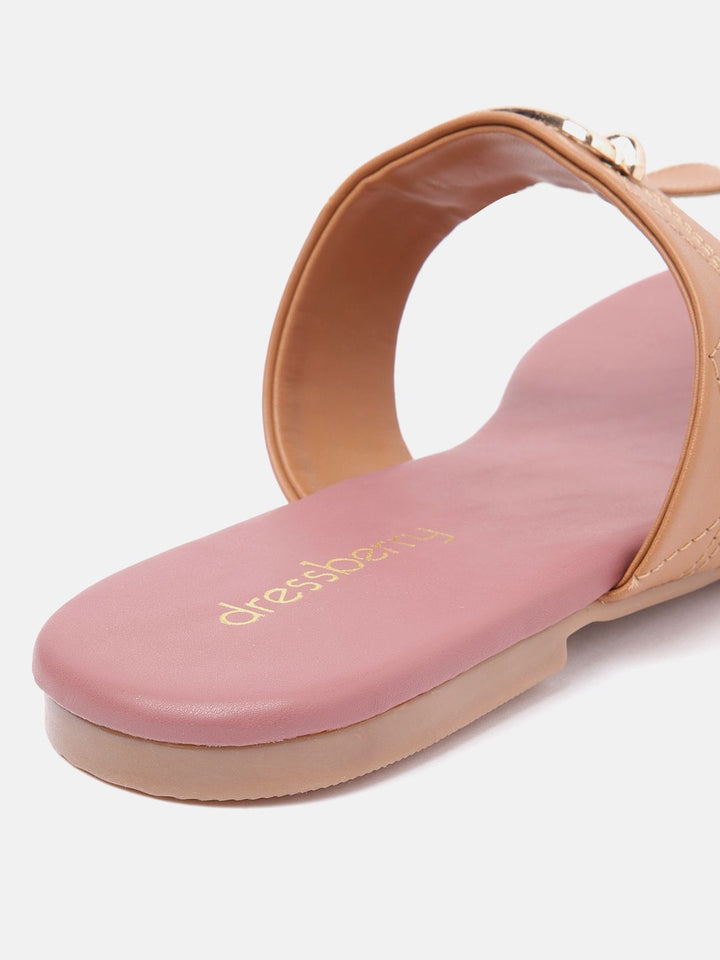 DressBerry Women Textured T-Strap Flats with Embellished Detail
