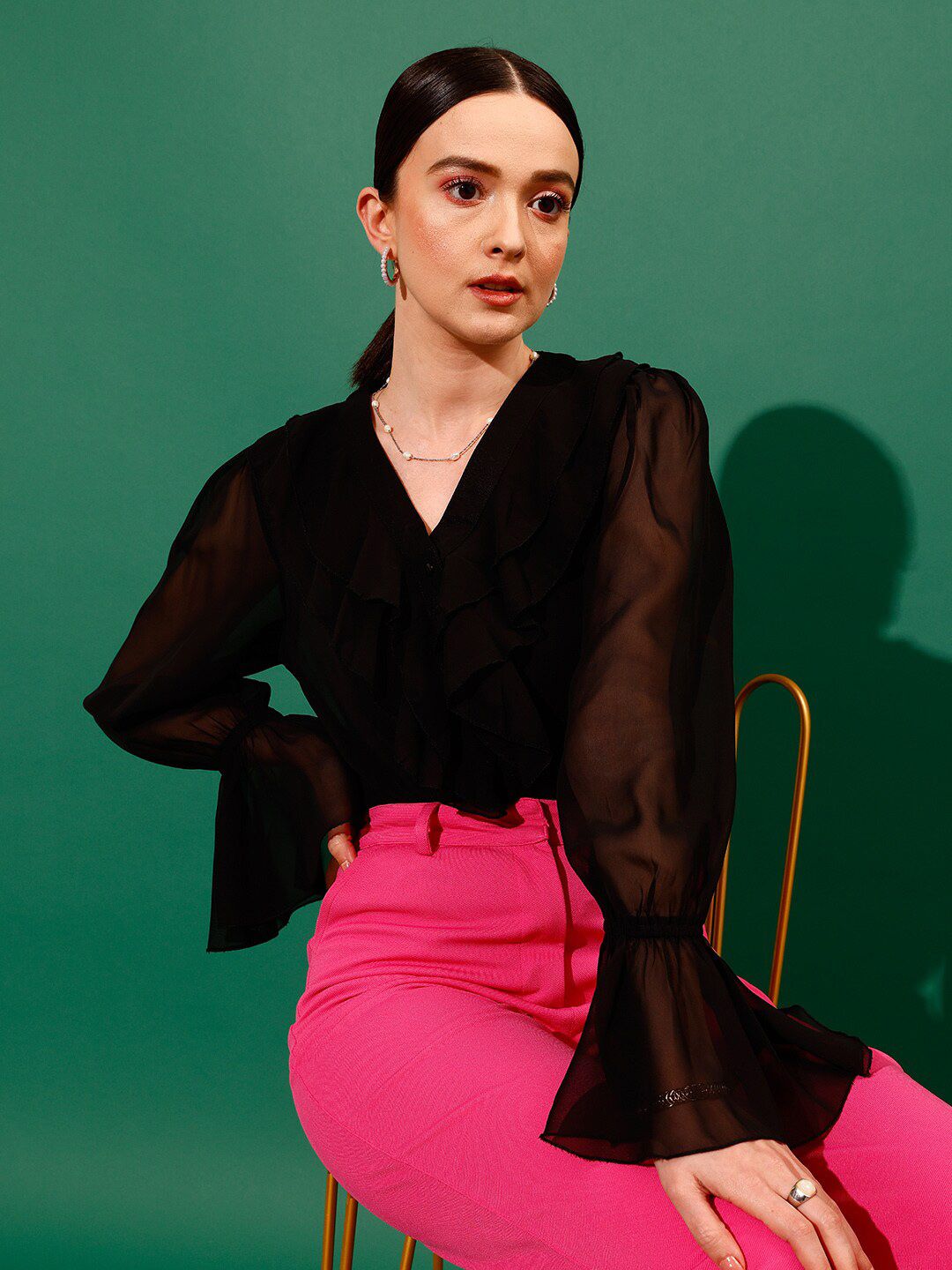 STREET 9 V-Neck Shirt Style Sheer Ruffled Top