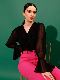 STREET 9 V-Neck Shirt Style Sheer Ruffled Top