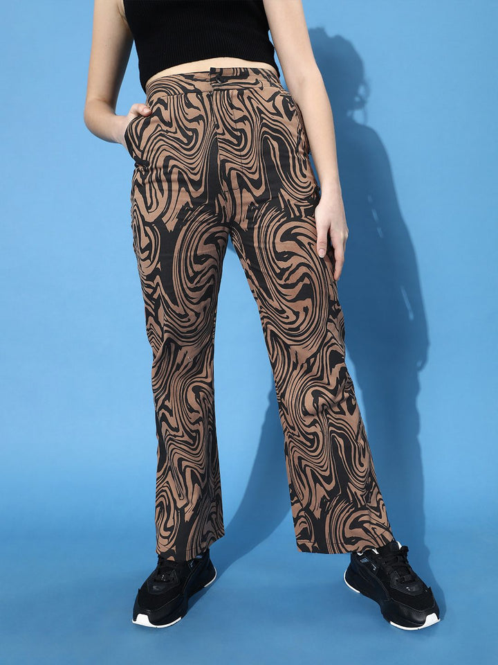 STREET 9 Women Deep Brown Printed Mid-Rise Trousers