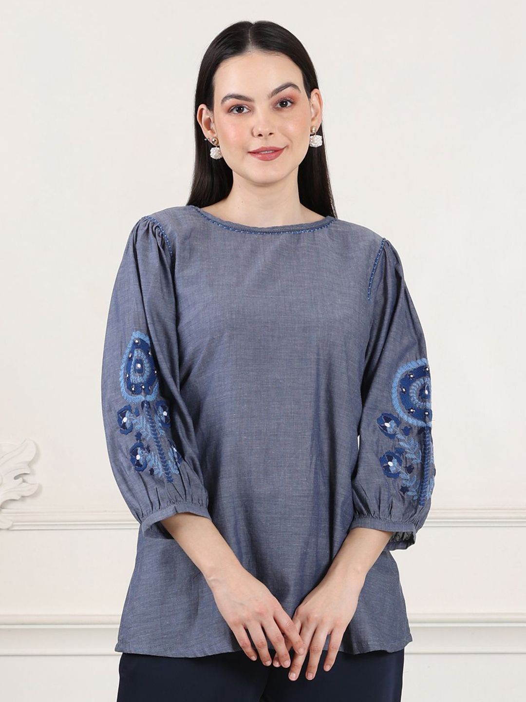 W Puff Sleeve Cotton Top