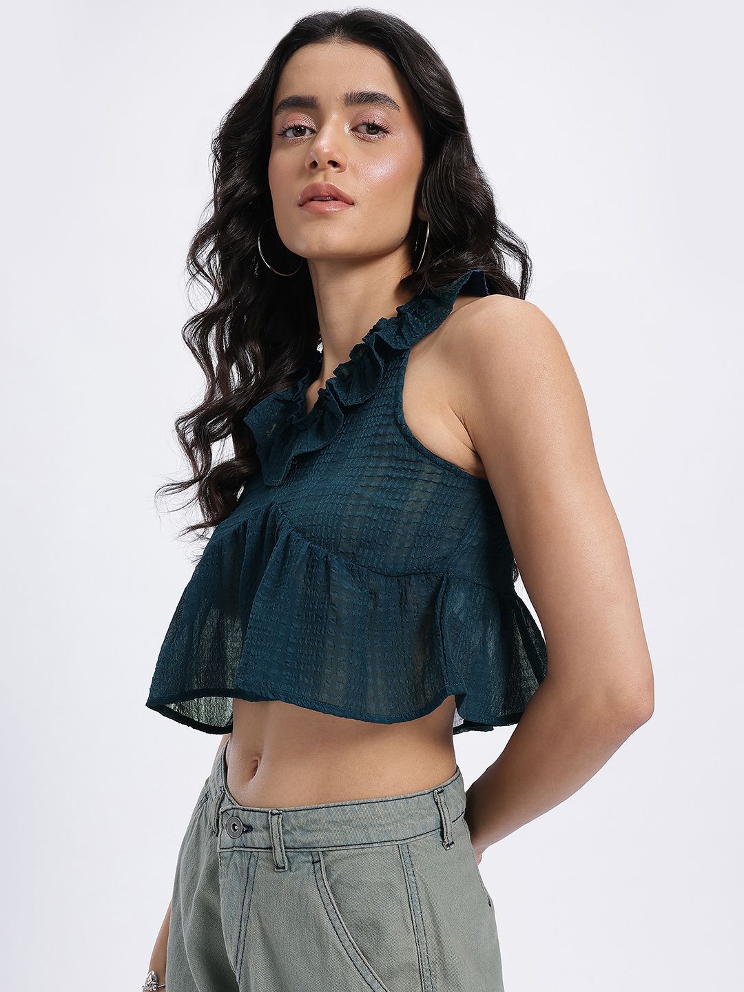 DressBerry Semi Sheer Ruffled Seersucker Empire Crop Top