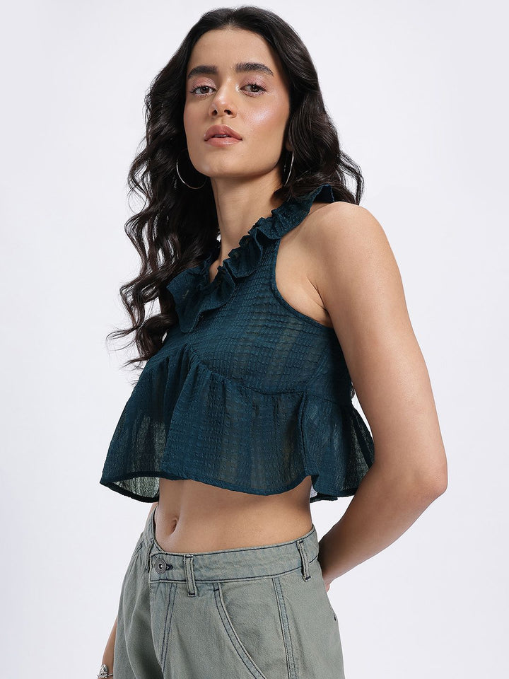 DressBerry Semi Sheer Ruffled Seersucker Empire Crop Top