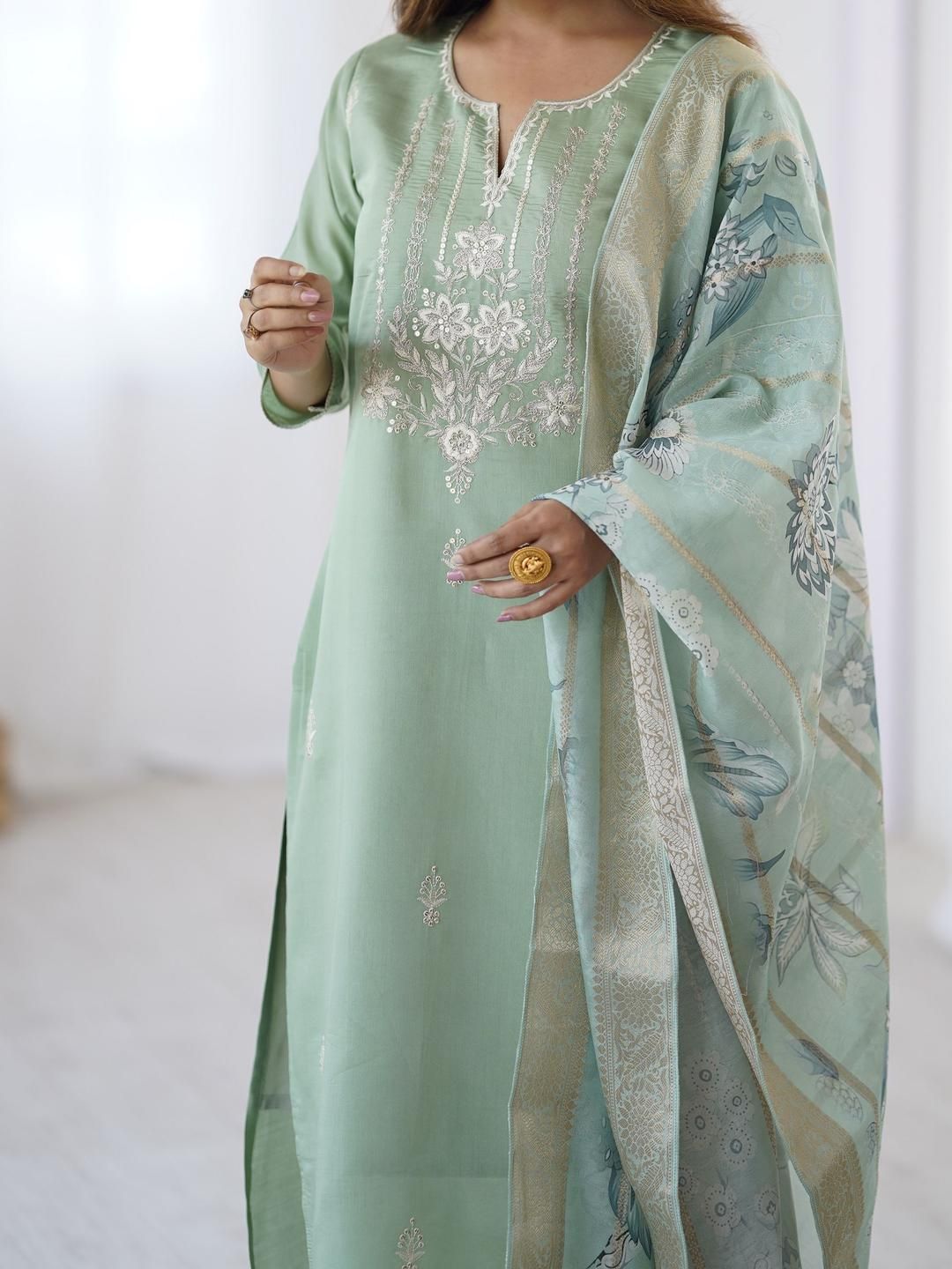 KALINI Women Floral Embroidered Regular Thread Work Kurta with Trousers & With Dupatta