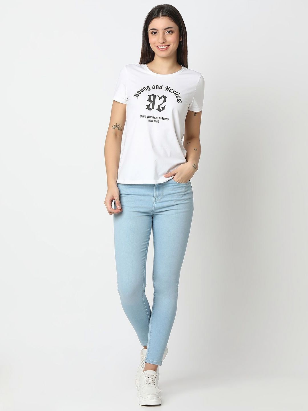 SPYKAR Women Typography Printed Round Neck Cotton T-shirt