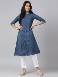 AURELIA Women Blue Front Slit A-Line Geometric Kurta