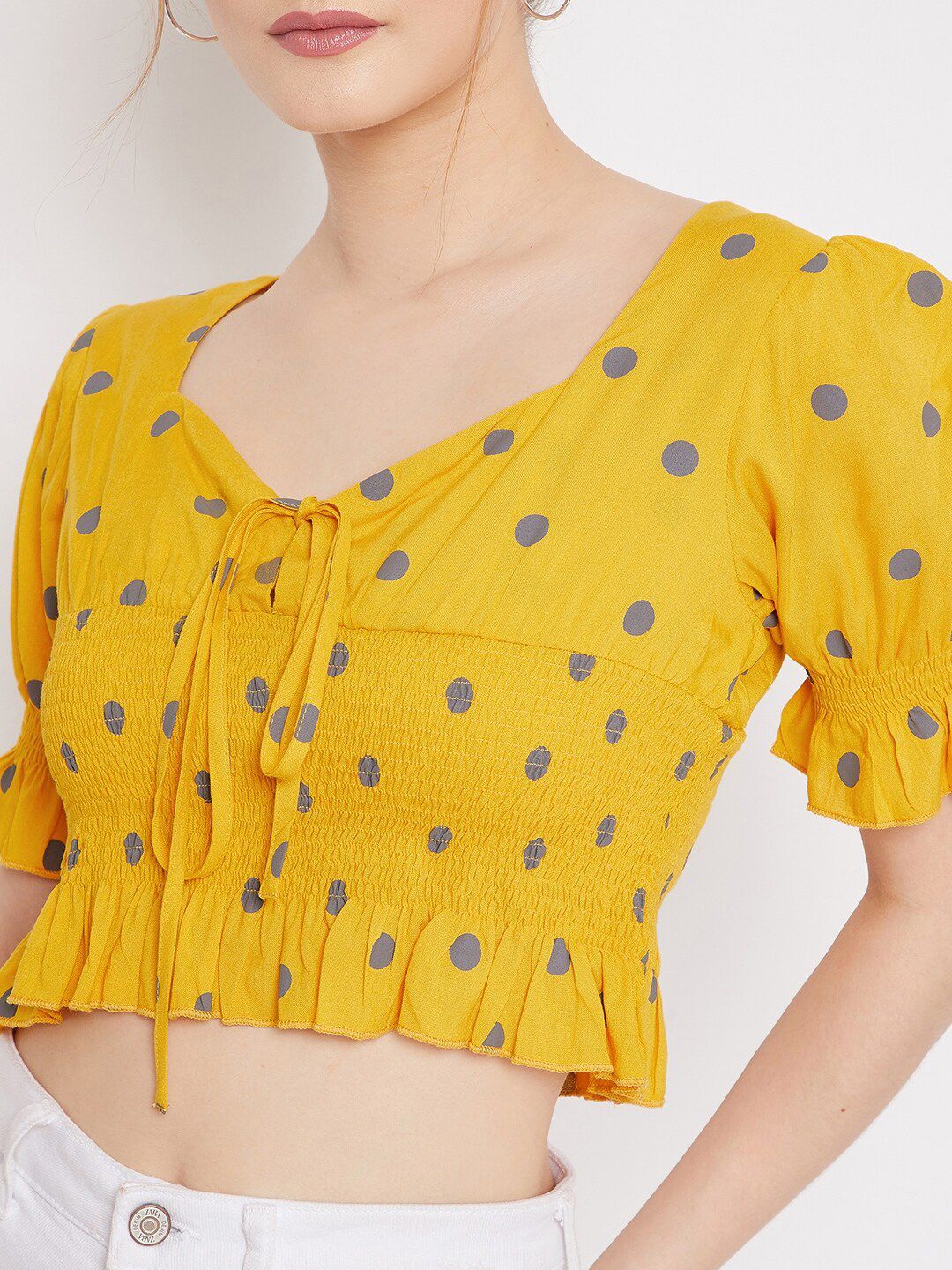 Berrylush Yellow & Blue Polka Dot Printed Crepe Crop Top