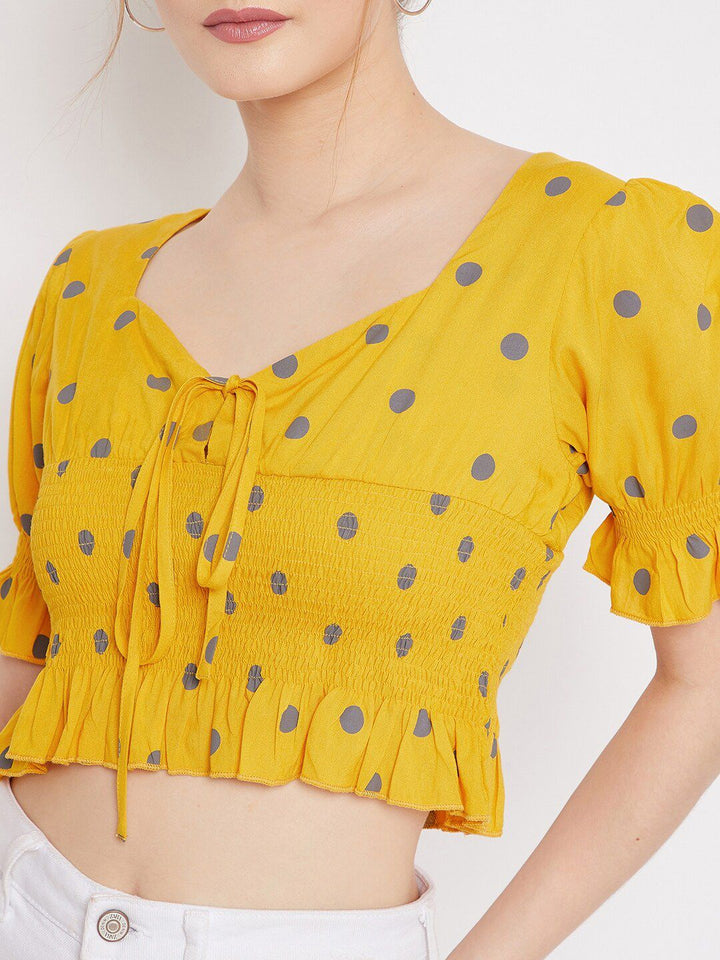 Berrylush Yellow & Blue Polka Dot Printed Crepe Crop Top