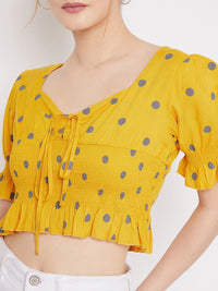 Berrylush Yellow & Blue Polka Dot Printed Crepe Crop Top