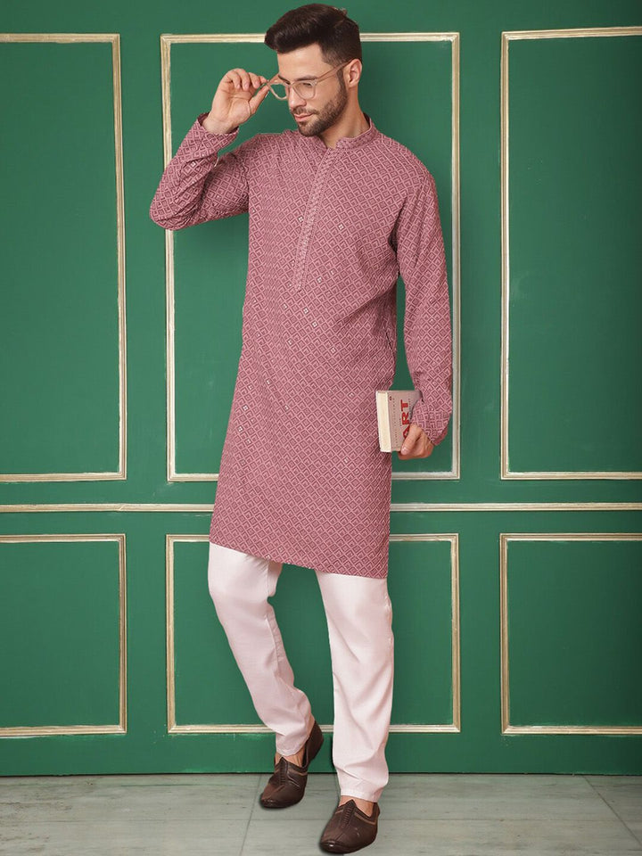 Jompers Geometric Embroidered Mandarin Collar Sequins Straight Kurta