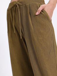 DressBerry Women Wrinkled Stripes Mid-Rise Flared Fit Wide Leg Trousers
