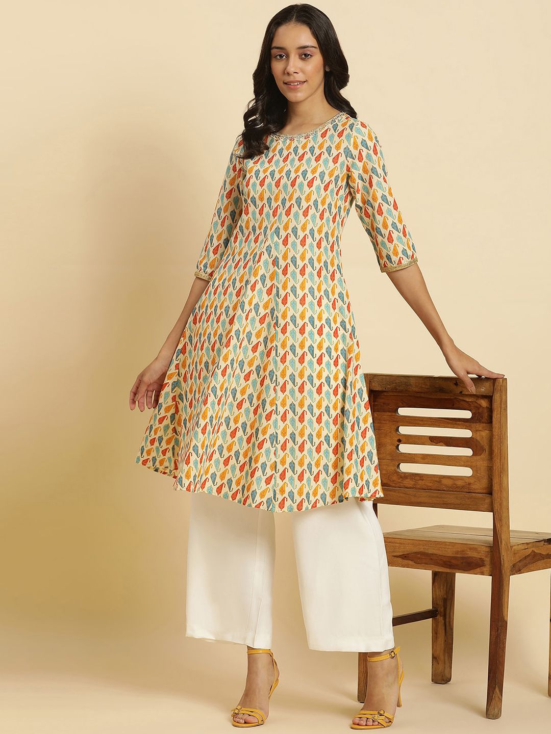 W Ethnic Motifs Printed Thread Work Pure Cotton A-Line Kurta