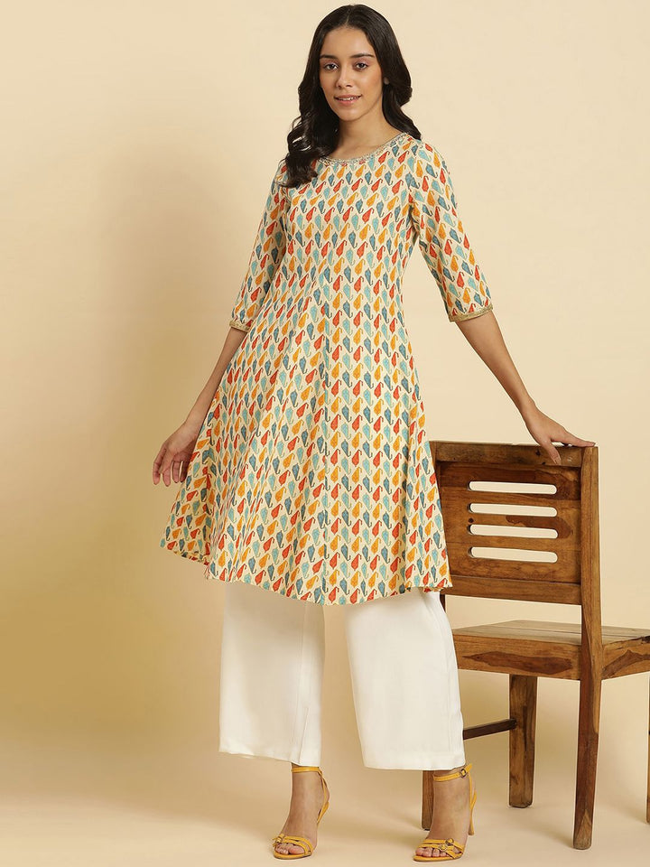 W Ethnic Motifs Printed Thread Work Pure Cotton A-Line Kurta