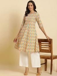 W Ethnic Motifs Printed Thread Work Pure Cotton A-Line Kurta