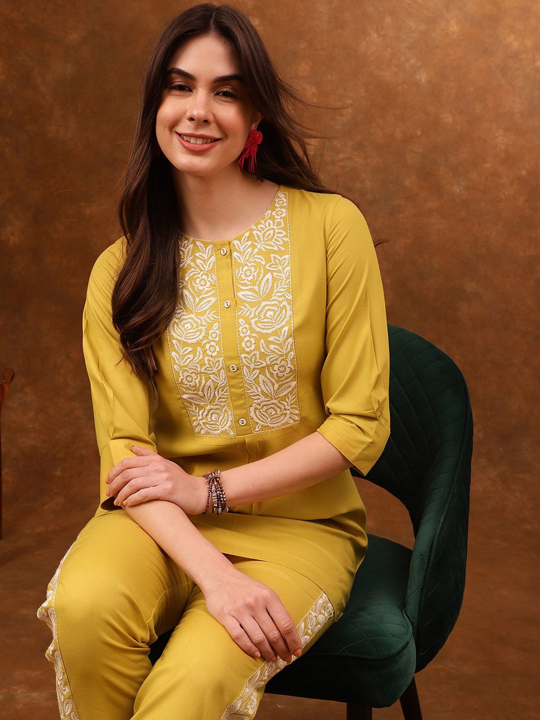 Anouk Yellow Embroidered Tunic & Trousers Co-Ords