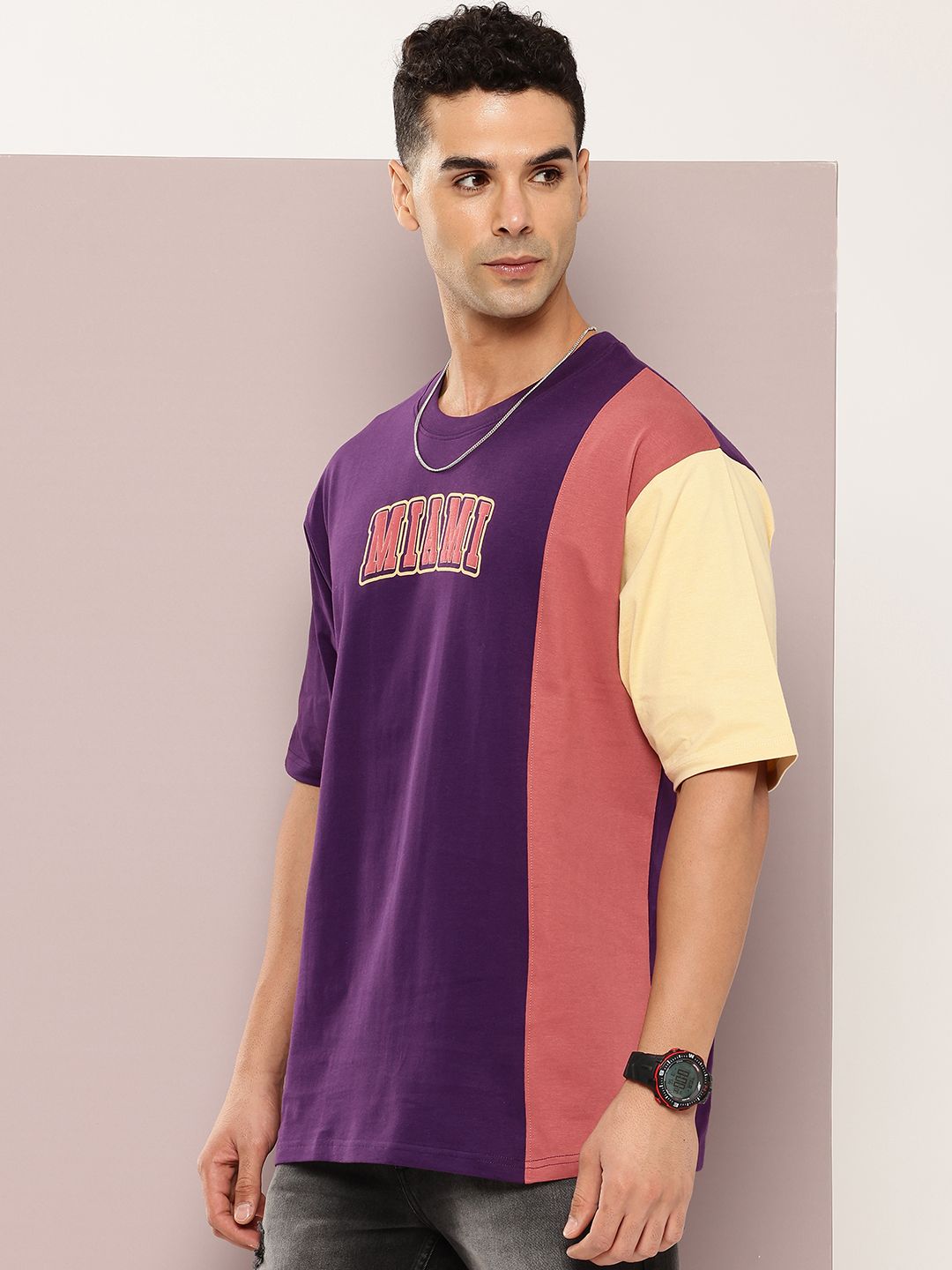 DILLINGER Men Colourblocked Drop-Shoulder Sleeves Oversized Embossed Pure Cotton T-shirt