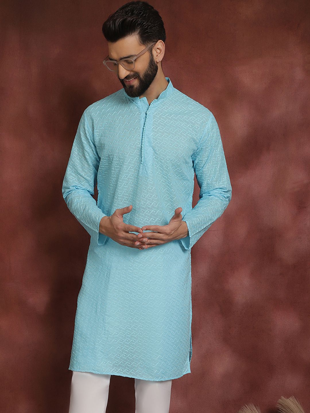 SOJANYA Lelaki Biru Sulam Kurta Lurus