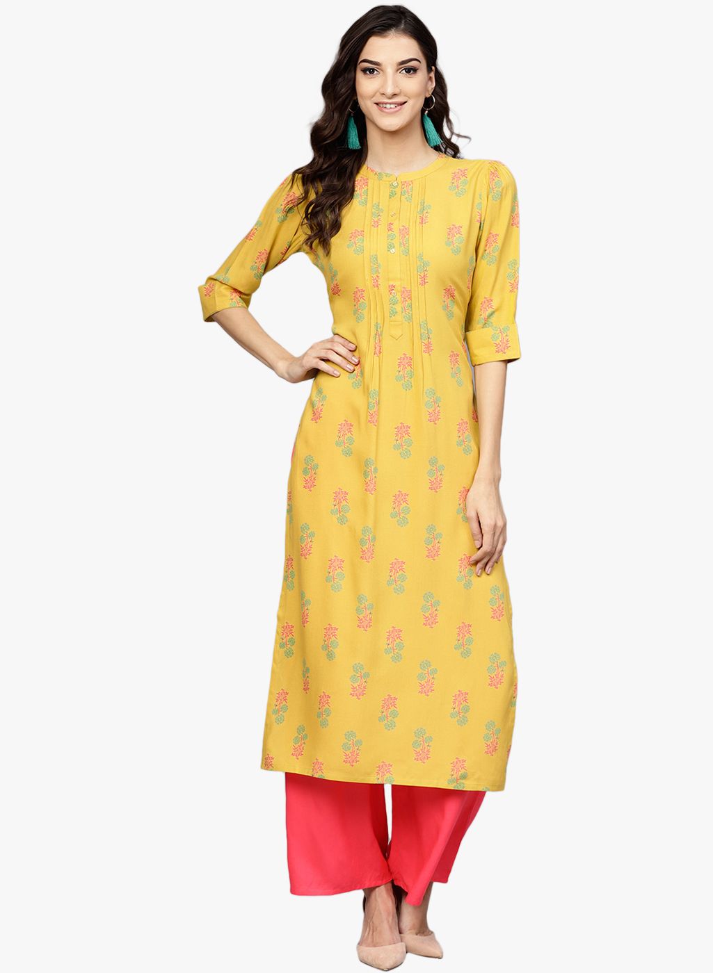 Yellow Printed Straight Straight Kurta