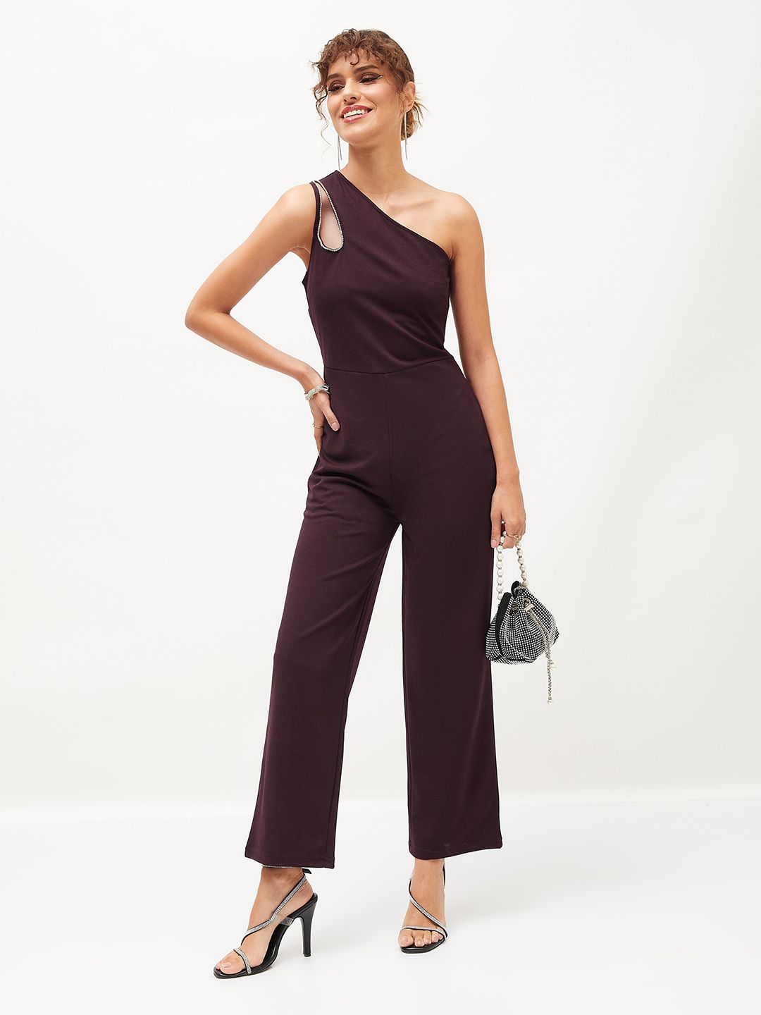 SASSAFRAS Burgundy One Shoulder Basic Jumpsuit