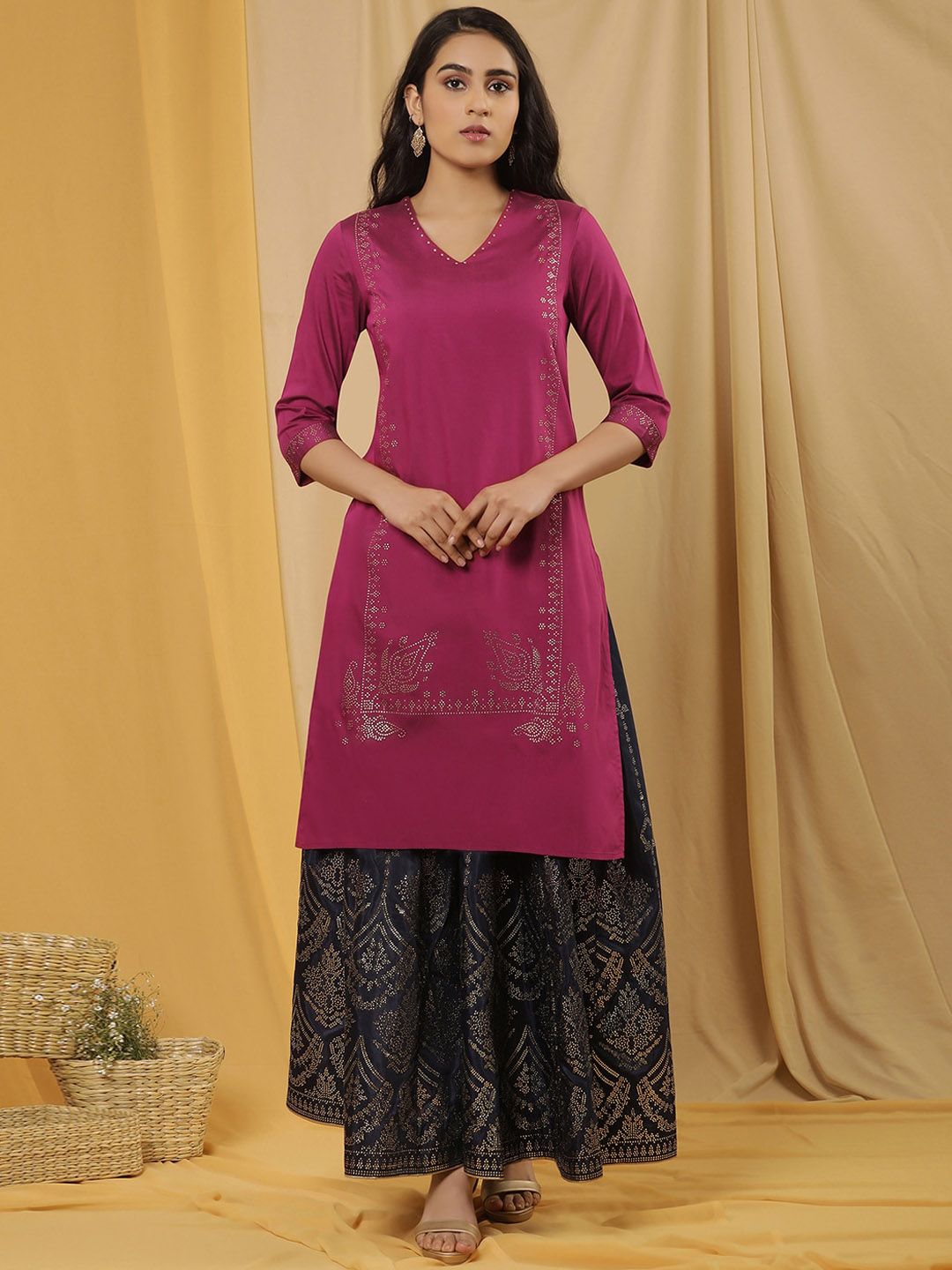 W Geometric Printed Regular Beads and Stones Kurta with Skirt