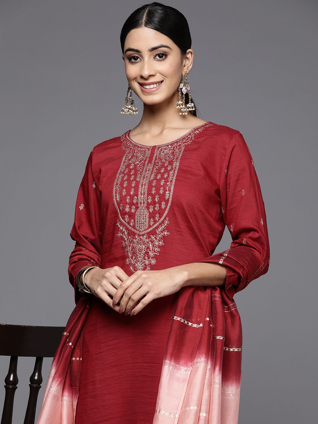 Varanga Women Maroon Ethnic Motifs Embroidered Kurta with Trousers & Dupatta
