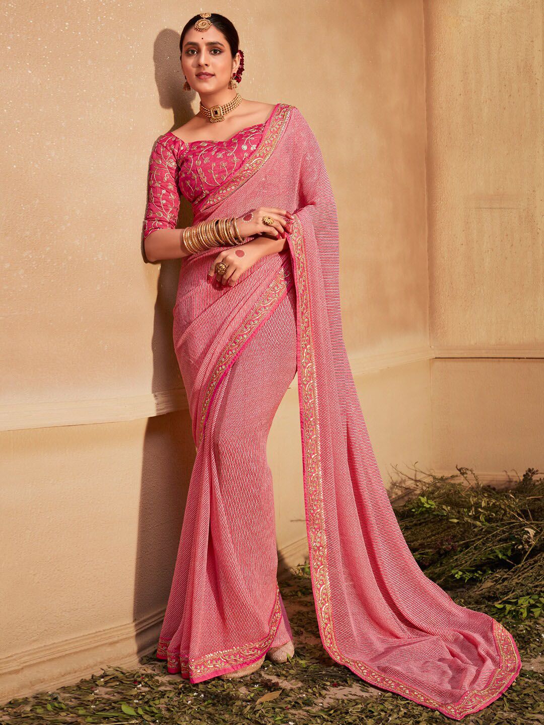 KALINI Striped Embroidered Pure Georgette Leheriya Saree