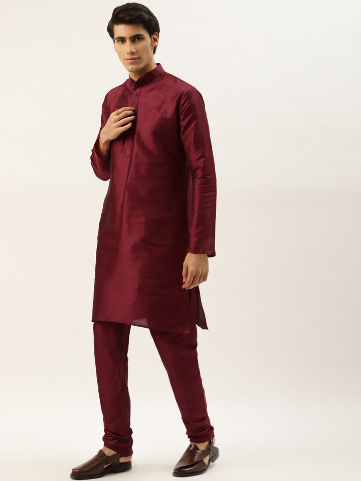 SOJANYA Men Maroon Thread Work Kurta with Churidar & Nehru Jacket