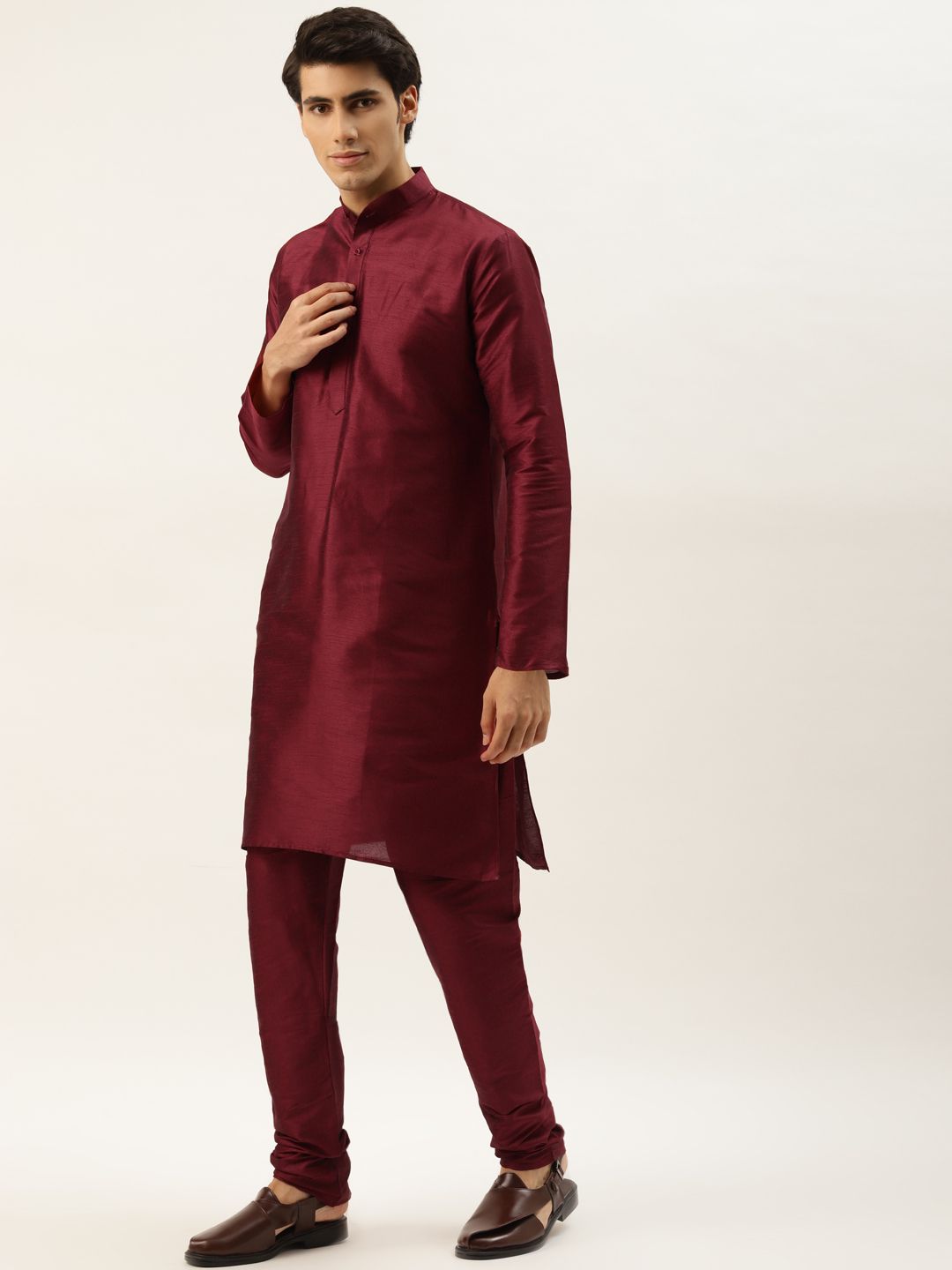 SOJANYA Men Maroon Thread Work Kurta with Churidar & Nehru Jacket