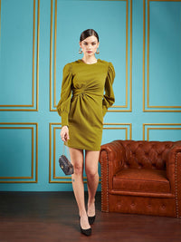 SASSAFRAS Olive Self Design Puff Sleeves Gathered Detail Sheath Dress