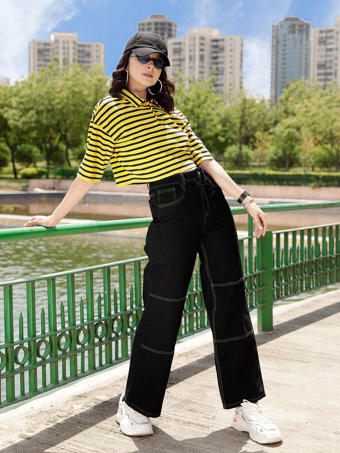 STREET 9 Yellow Striped Polo Collar Pure Cotton T-shirt