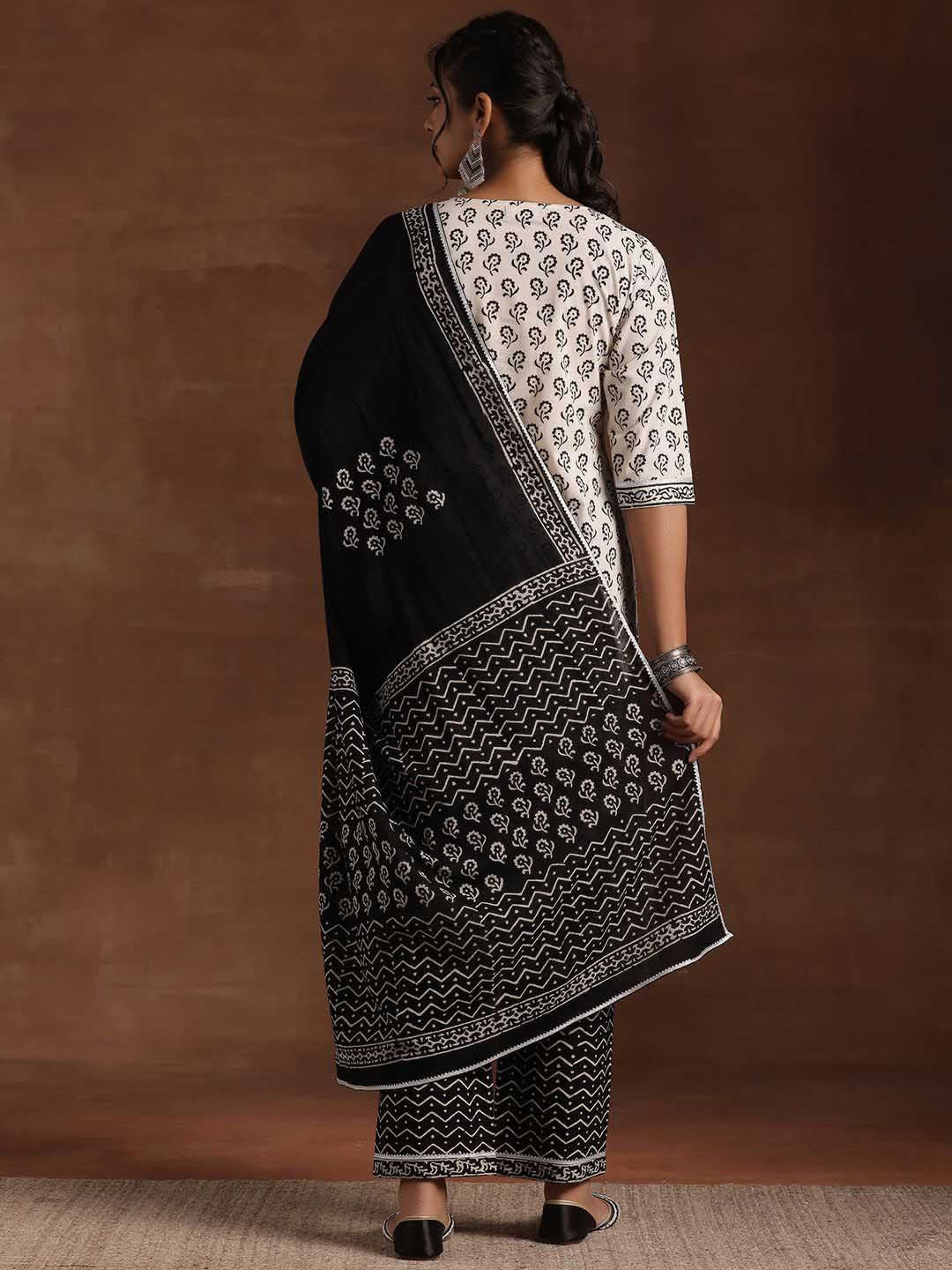 Libas Black & White Floral Printed Notch Neck Pure Cotton Kurta with Trousers & Dupatta