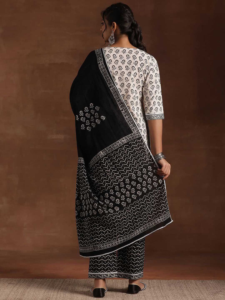 Libas Black & White Floral Printed Notch Neck Pure Cotton Kurta with Trousers & Dupatta