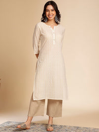 Anouk Off White Printed Mandarin Collar Cotton Straight Kurta