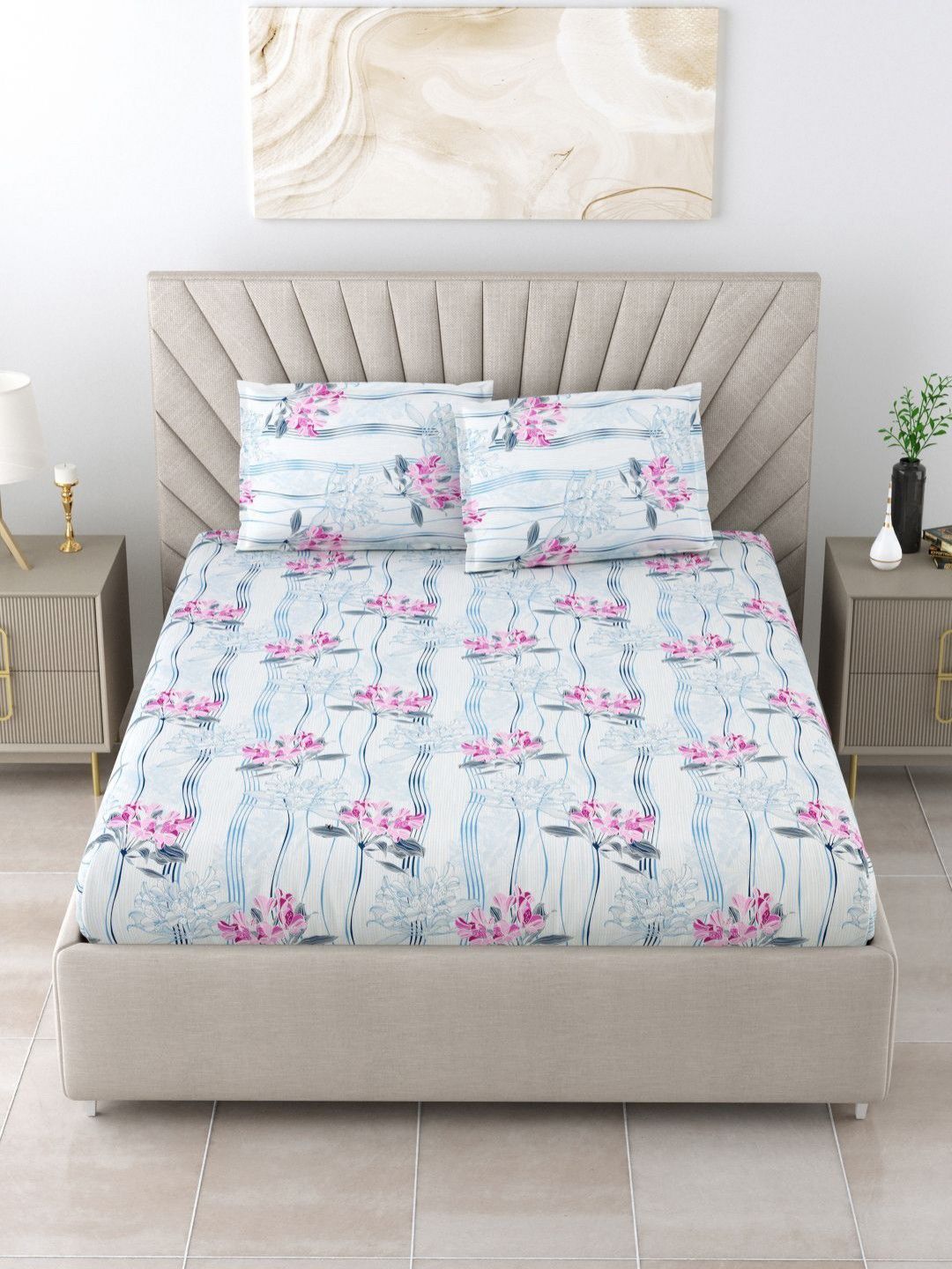BOMBAY DYEING Pink & Blue Floral Pure Cotton 120 TC Queen Bedsheet Set 2.24 x 2.54 Mts